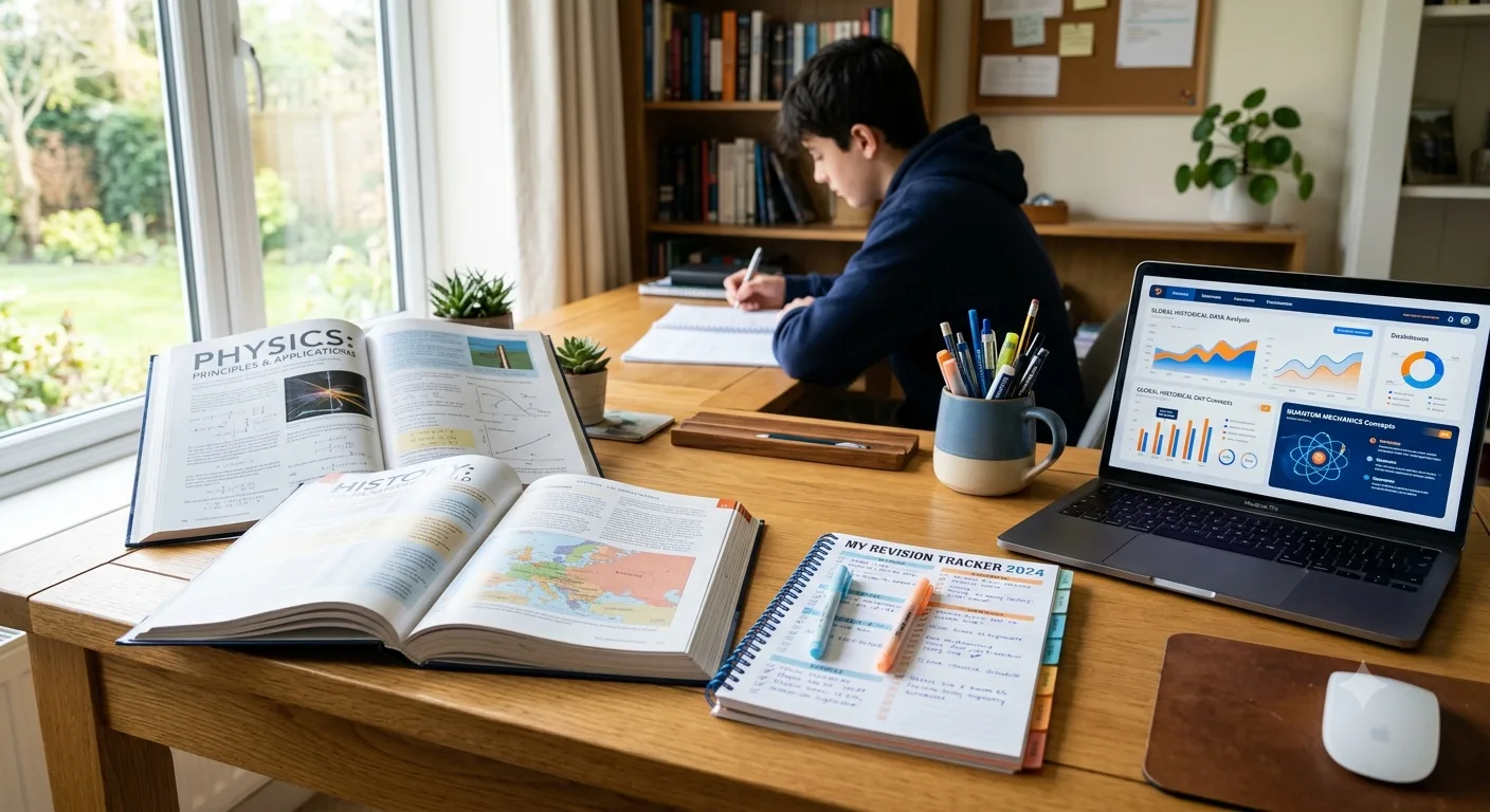 Student preparing for Class 10th and 12th Board Exams using study notes and planner